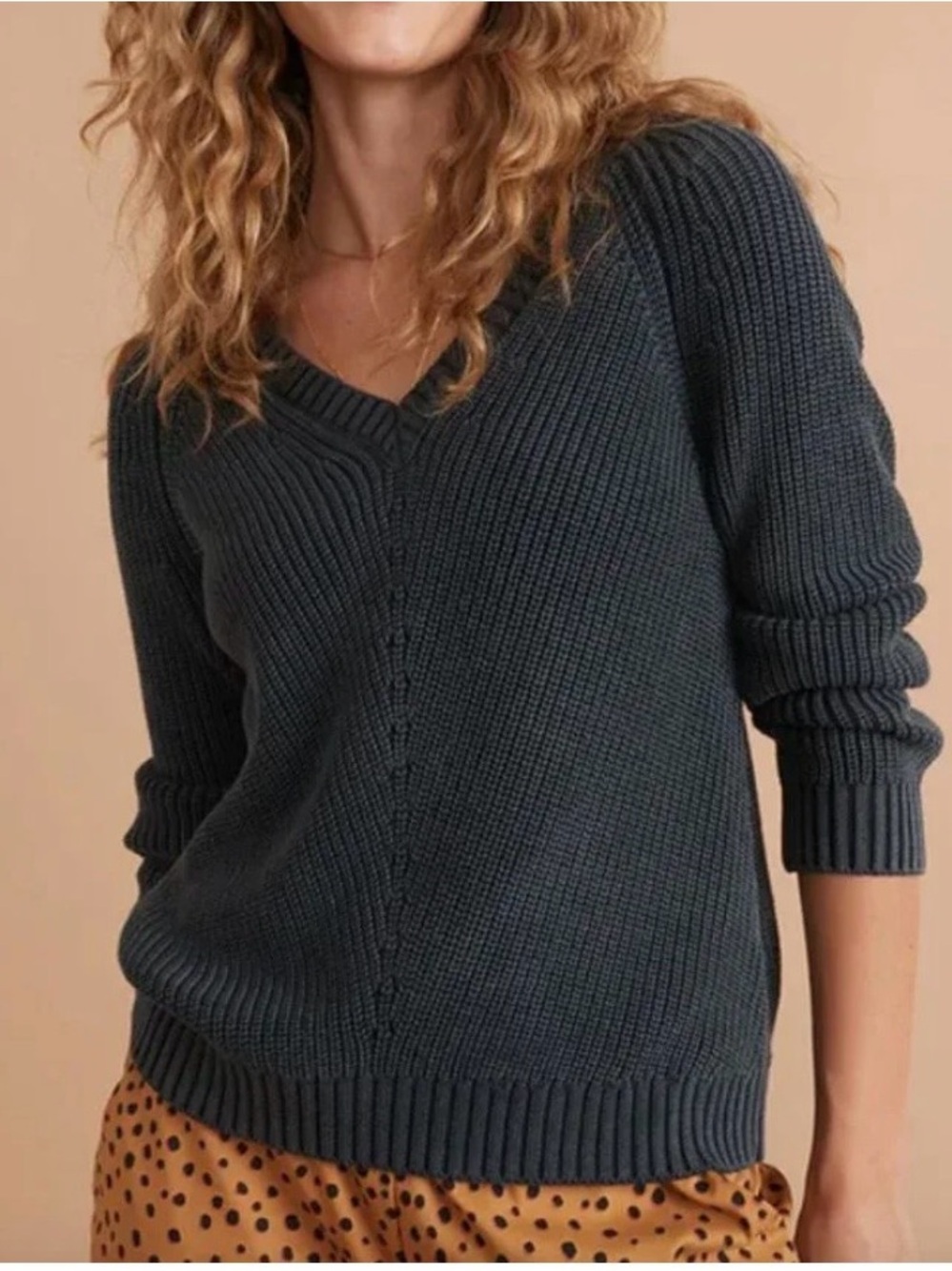 Marine Layer Ezra V-Neck Sweater chunky ribbed knit 100% cotton Medium